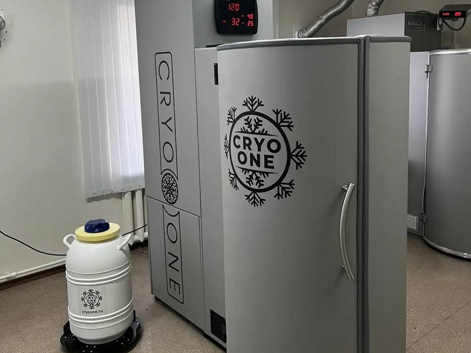 Азотная криокапсула CryoOne и сосуд Дьюара с жидким азотом рядом